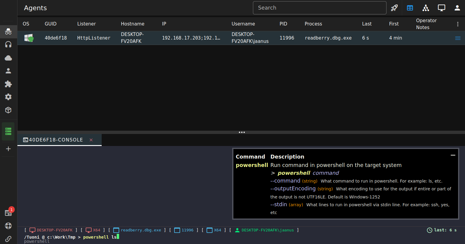 Command execution result in the terminal