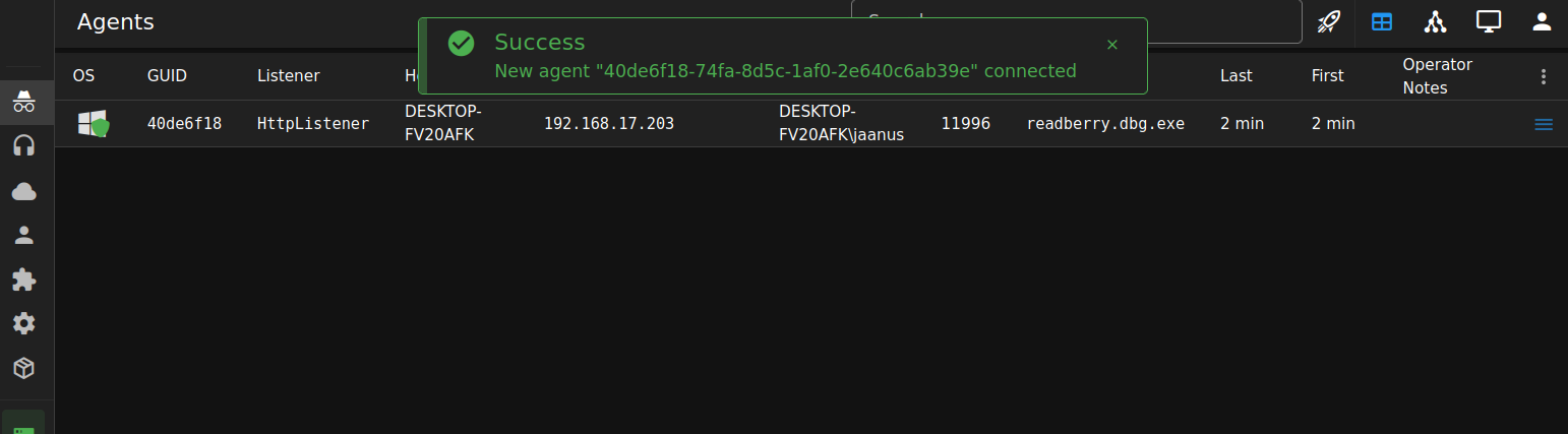 Agents list with new agent connected