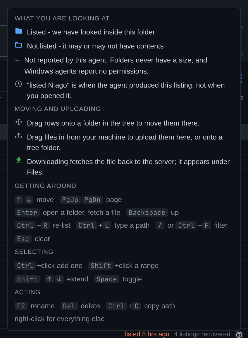 The file browser help legend
