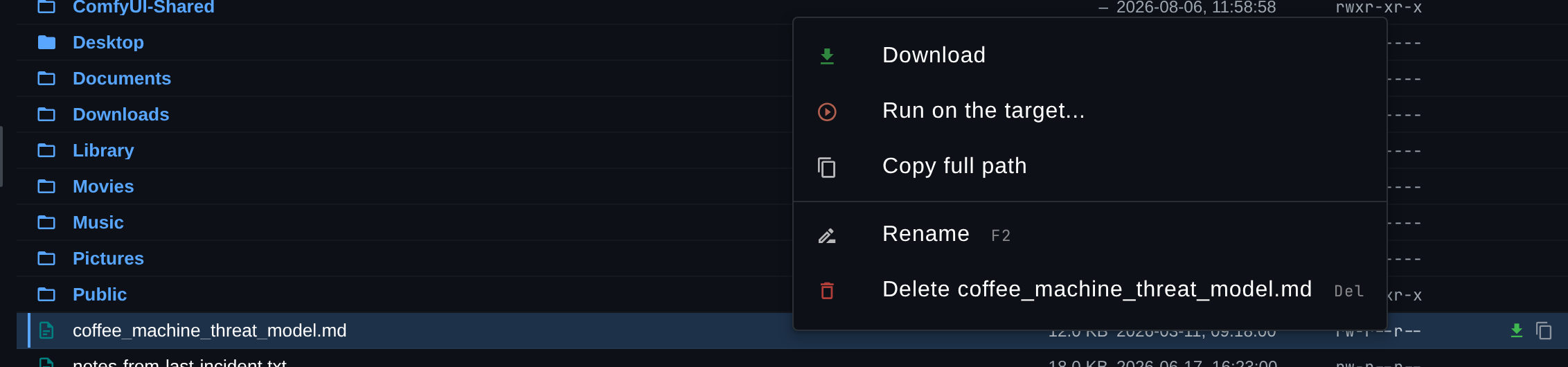 The row menu on a file
