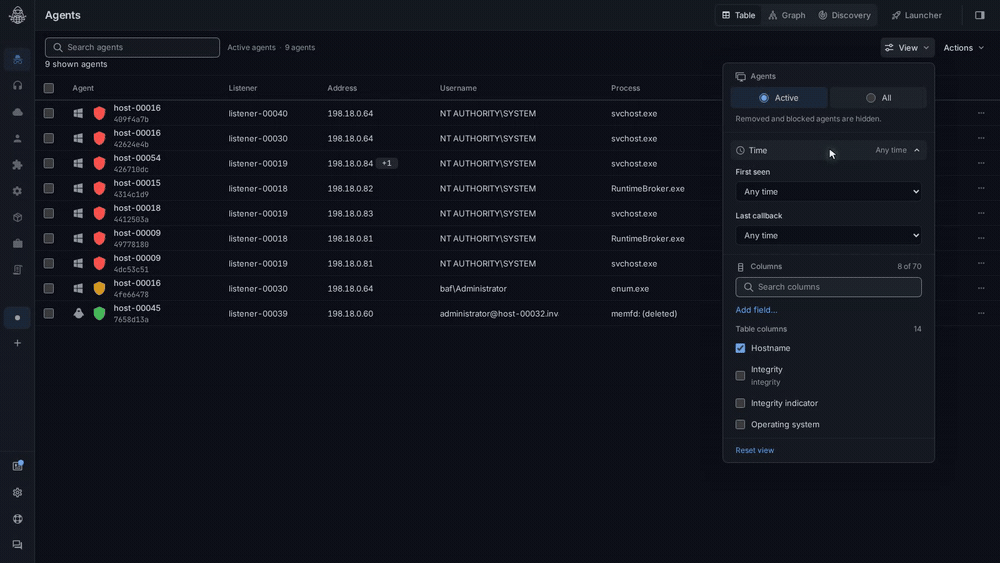 Tuoni Agents UI filtering by last callback and operating system, then showing inactive and blocked agents